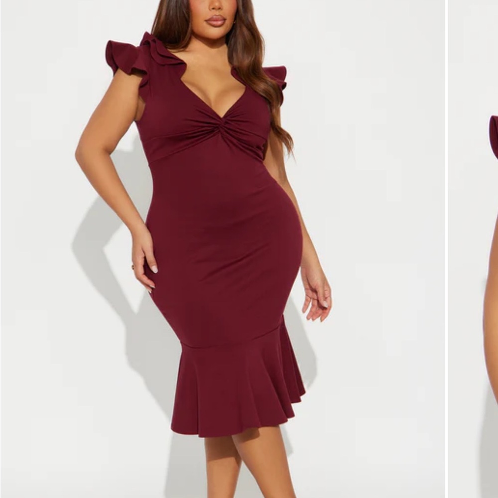 Fashion Nova Twist-Front Ruffle Midi Dress in Burgundy